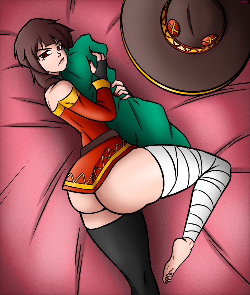 1girls bottom_heavy brown_hair feet_up female female_focus female_only flat_chest huge_ass hugging hugging_pillow kono_subarashii_sekai_ni_shukufuku_wo! laying_down laying_on_bed megumin red_eyes thick_thighs thighhighs thighs zirot