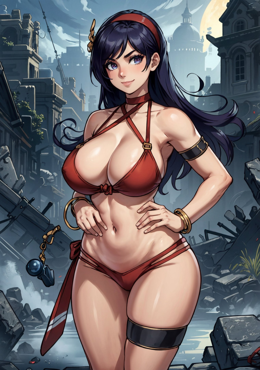 1girls ai_generated athena_(series) big_breasts bikini busty child_bearing_hips confident curvy female female_only hands_on_hips large_breasts long_hair looking_at_viewer makimass_ai navel pose posing princess_athena purple_eyes purple_hair red_bikini snk solo toned video_games voluptuous