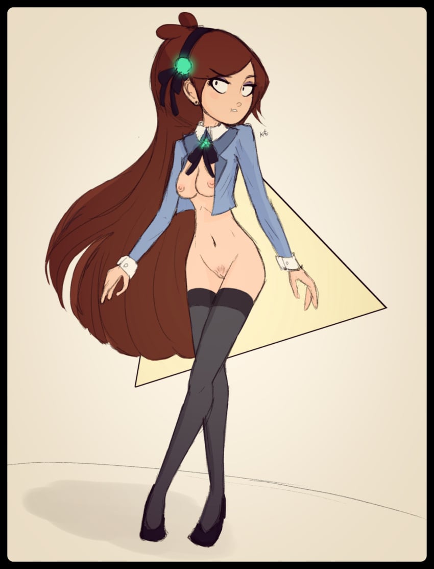 1girls black_eyes black_legwear bottomless breasts brown_hair dark_persona disney disney_channel earrings eyeshadow female female_only glowing gravity_falls hairband highres human kt-draws long_hair long_legs mabel_pines makeup navel nipples older open_clothes pubic_hair pussy reverse_falls solo straight_hair thighhighs very_long_hair