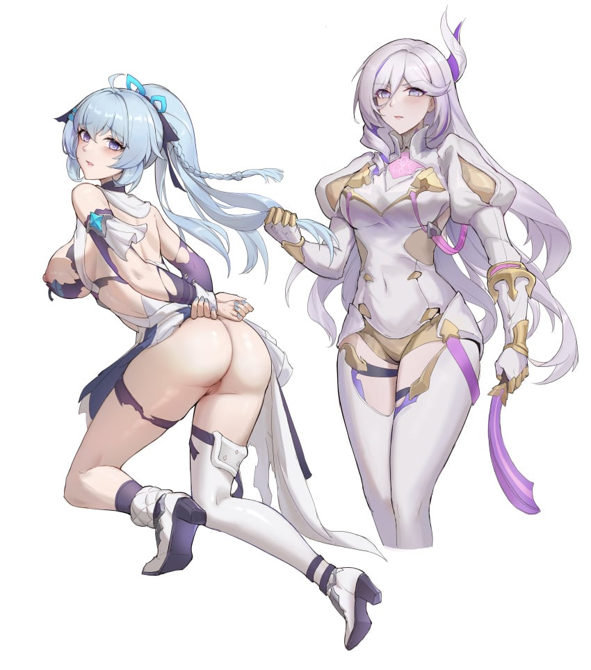 2girls absurdres ahoge ass ass_focus attack_of_the_hatogod blue_dress blue_eyes blue_hair blue_nails bodysuit breasts censored closed_mouth dress female full_body hare_(honkai_impact) high_heels highres holding holding_whip honkai_(series) honkai_impact_3rd horns jpeg juliet_sleeves large_breasts long_hair long_sleeves looking_at_viewer looking_back mosaic_censoring multiple_girls multiple_views nail_polish nipples puffy_sleeves purple_eyes purple_sleeves pussy shigure_kira single_horn single_thighhigh spanking thighhighs torn_clothes torn_dress very_long_hair white_bodysuit white_footwear white_hair white_thighhighs