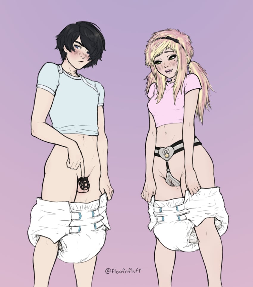 1boy 1girls blush chastity chastity_belt chastity_cage chastity_device diaper diaper_pull dick embarrassed embarrassed_male emo exposed_penis exposed_pussy female female_chastity floofnfluff male male_chastity pussy_juice