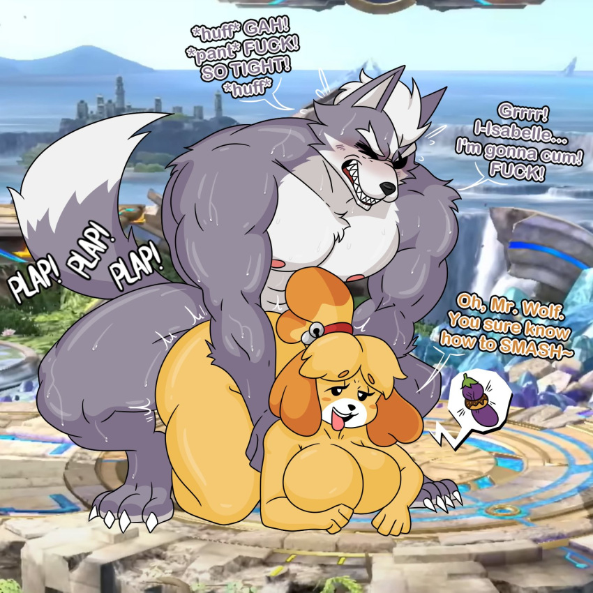 animal_crossing anthro ass blonde_hair breasts canid canine canis domestic_dog duo english_text female grey_body hair hi_res isabelle_(animal_crossing) male mammal muscular muscular_male nintendo penetration sprigatitoartz star_fox super_smash_bros. super_smash_bros._ultimate text white_hair wolf wolf_o'donnell yellow_body