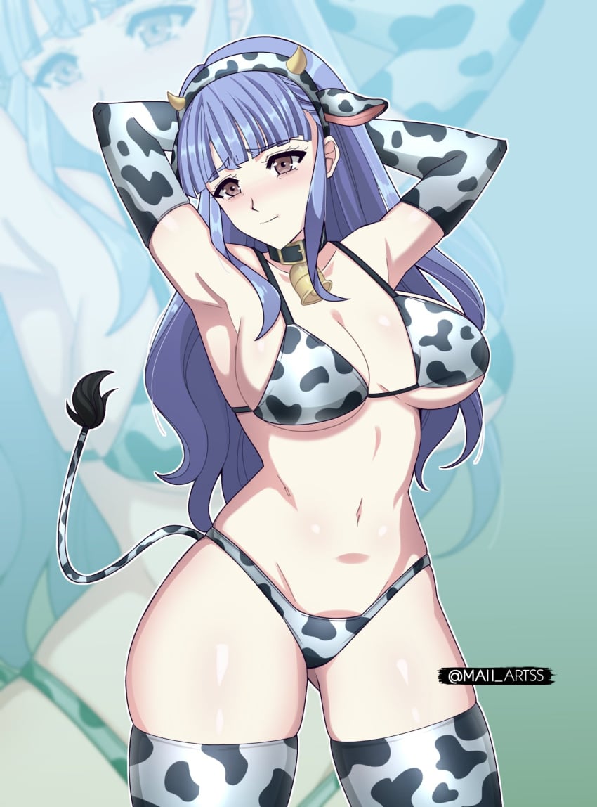 1girls 2024 alternate_hairstyle arms_behind_head arms_up artist_name bell bell_collar bikini blue_hair blush brown_eyes cleavage closed_mouth collar cow_ears cow_girl cow_print cow_print_bikini cow_print_thighhighs cow_tail cowbell fake_animal_ears fake_tail female female_only fire_emblem fire_emblem:_three_houses fire_emblem_warriors:_three_hopes fully_clothed hairband highres light-skinned_female light_skin long_hair maii_artss marianne_von_edmund navel nintendo official_alternate_hairstyle revealing_clothes solo stockings thighhighs watermark