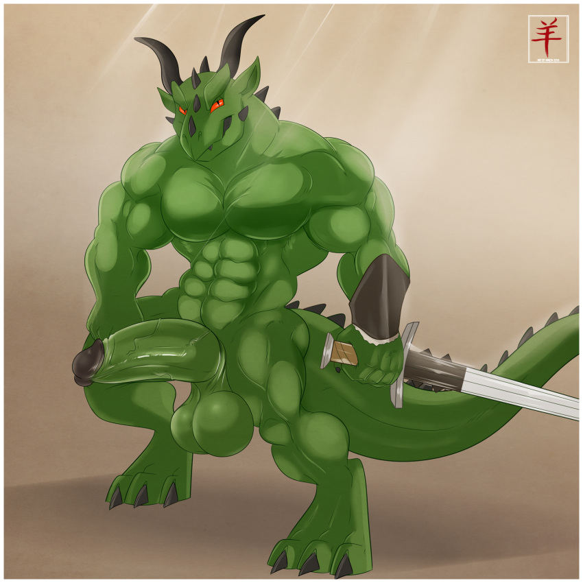 2014 3_toes 5_fingers aaron_(artist) abs anthro armor athletic balls barefoot biceps big_balls big_muscles big_penis border claws digitigrade dragon erection full-length_portrait full_length green_balls green_penis green_skin hi_res horn huge_muscles humanoid_penis lizard looking_at_viewer male male_only melee_weapon muscular muscular_male nude pecs penis portrait pose red_eyes reptile scales scalie slit_pupils smile solo standing sword thick_penis toe_claws toes varanis_blackclaw vein veiny_penis weapon white_border