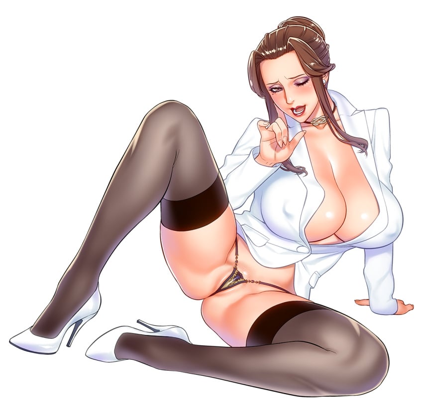 1girls breasts erect_nipples female front_view full_body g-string high_heels huge_breasts legs mature micro_panties milf miniskirt motchie nipples on_the_floor pokies skirt skirt_suit solo spread_legs thighhighs thighs thong white_background