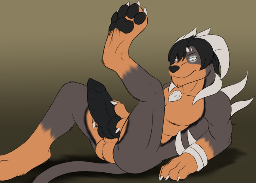 1boy 4_toes abs animal_genitalia animal_penis anthro biceps big_muscles big_penis black_hair black_pawpads black_penis brown_fur canine canine_penis claws digitigrade erection eyebrows fur furry gloves_(marking) gradient_background grey_eyes grey_fur hair hindpaw horn houndoom knot looking_at_viewer lying male male_only mammal markings masturbation multicolored_fur muscular muscular_male namarx7 nintendo no_pupils nude on_back original_character pawpads paws pecs penile_masturbation penis pokemon pokemon_gsc raised_leg short_hair simple_background socks_(marking) solo testicles thick_penis toe_claws toes video_games