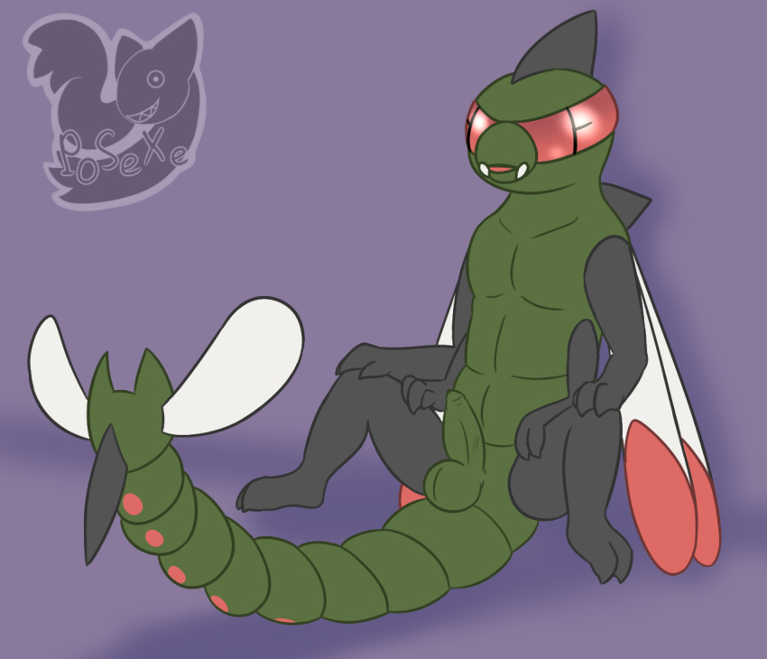 1boy 2_toes 3_fingers 4_arms anthro anthrofied arthropod barefoot black_skin dots dragonfly erection fangs feet foreskin green_skin humanoid_penis insect insect_wings male male_only mandibles markings multi_arm multi_limb nintendo nude open_mouth partially_retracted_foreskin penis pokemon pokemon_dppt posexe presenting purple_background red_eyes simple_background sitting solo spread_legs spreading tail teeth testicles toes uncut video_games watermark wings yanmega