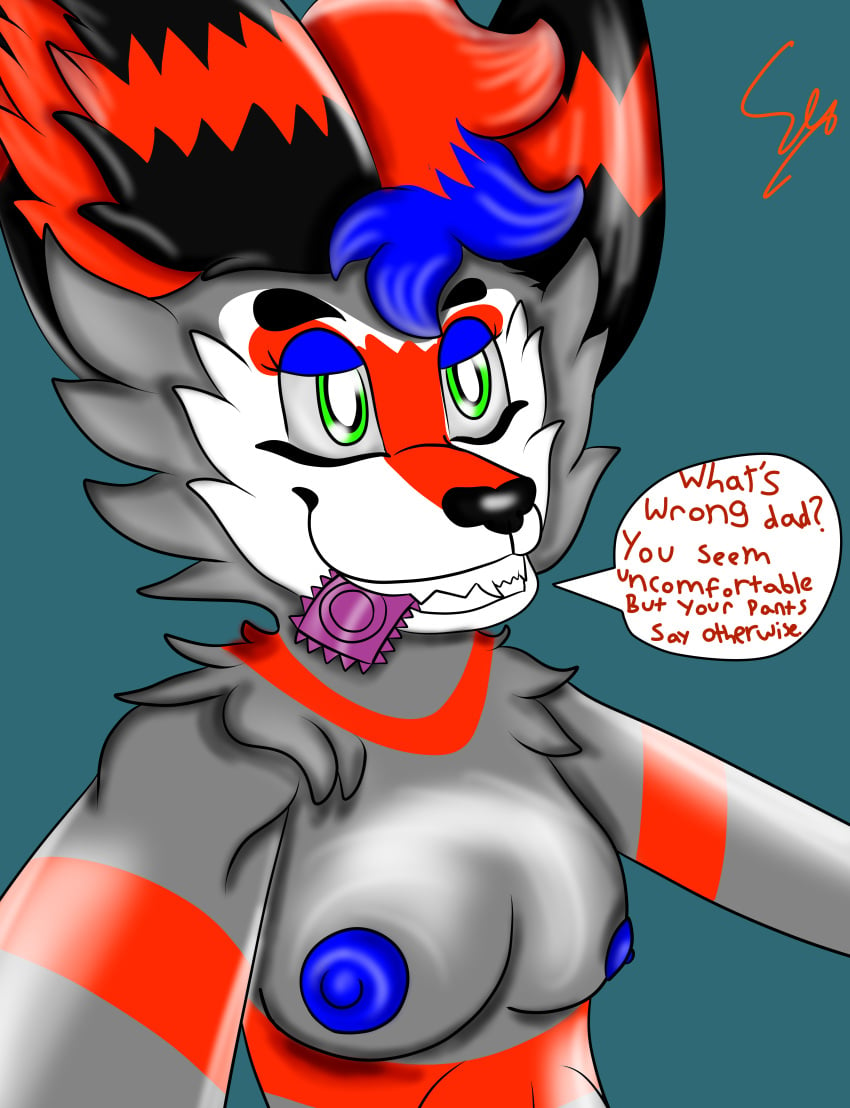 black_fur blue_fur breasts condom cornered eyeliner fur green_eyes grey_fur incest makeup nipples red_fur