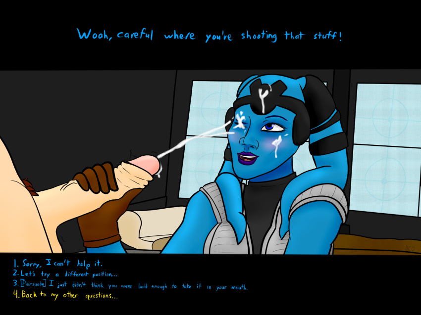 1boy 1girls alien bendycindy blue_eyes blue_skin cfnm cum cum_on_face cumming cumshot dialogue english_text female gloves interspecies knights_of_the_old_republic male mission_vao partial_male penis star_wars text twi'lek wink