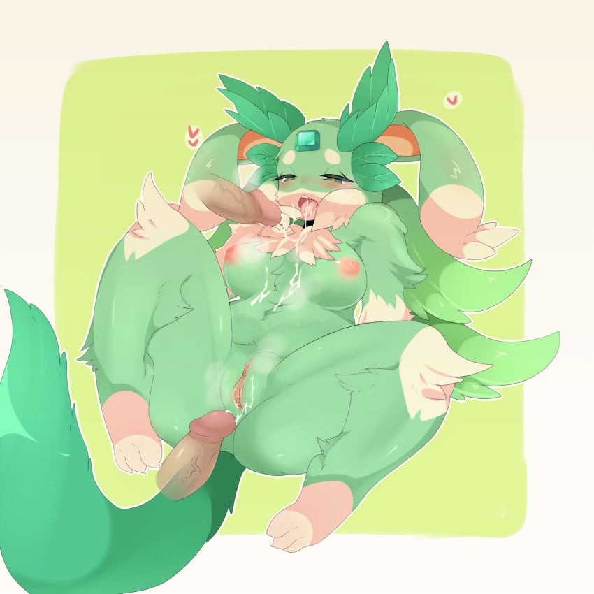 anthro blush breasts carbuncle cum earth_light_carbuncle female fur gem green_eyes green_fur nipples nude penis pussy puzzle_&_dragons solo video_games