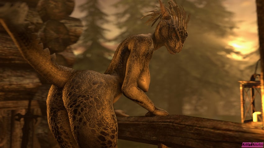 1girls 2017 3d absurdres argonian ass bent_over big_ass big_breasts breasts butt creepychimera highres horns humanoid lizard nude orange_eyes scales scalie skyrim solo source_filmmaker tail teeth the_elder_scrolls tree