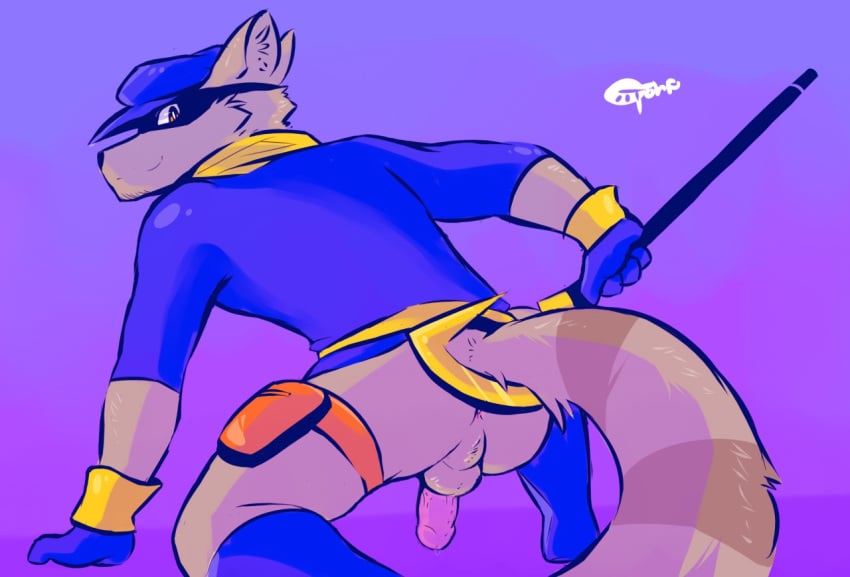 4_fingers anthro anus ass backsack balls boots bottomless clothed clothing footwear gloves hat humanoid_penis looking_back male male_only mammal penis precum raccoon simple_background sly_cooper sly_cooper_(series) smooth_fur solo staff tohfu video_games