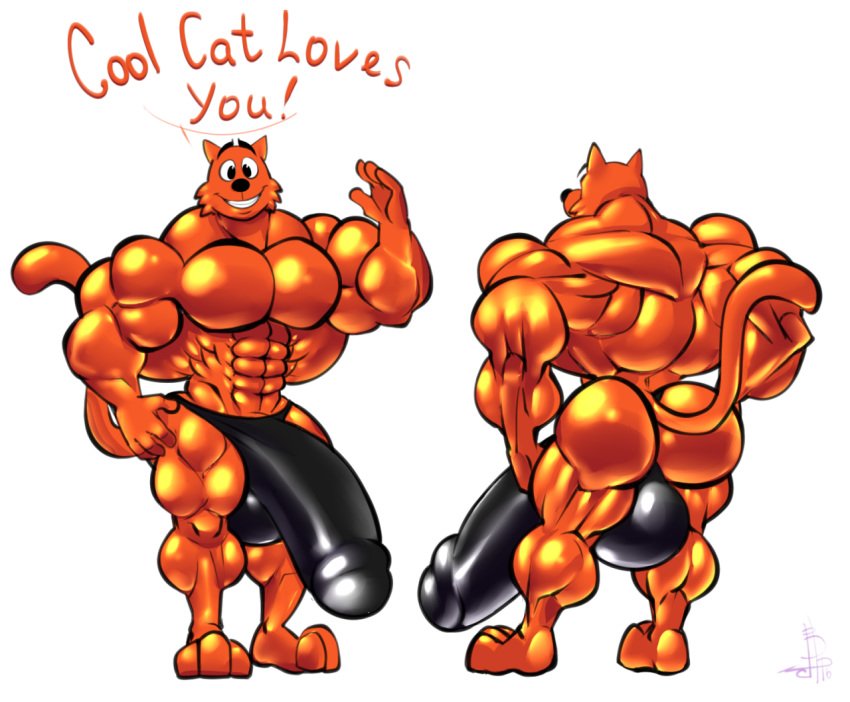 abs balls biceps bobthetanuki bulge clothing cool_cat cool_cat_(series) extrasizedbob feline humanoid_penis hyper hyper_muscles male male_only mammal muscular pecs penis serratus simple_background solo text thong what