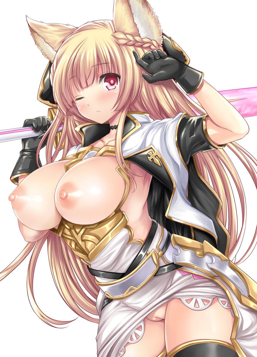 1girls absurdres akino_hamo animal_ears areolae black_gloves black_legwear blonde_hair blush bottomless braid breasts breasts_out gloves granblue_fantasy highres large_breasts long_hair looking_at_viewer nipples one_eye_closed open_clothes puffy_nipples pussy red_eyes simple_background solo thighhighs tied_hair white_background yuisis_(granblue_fantasy)