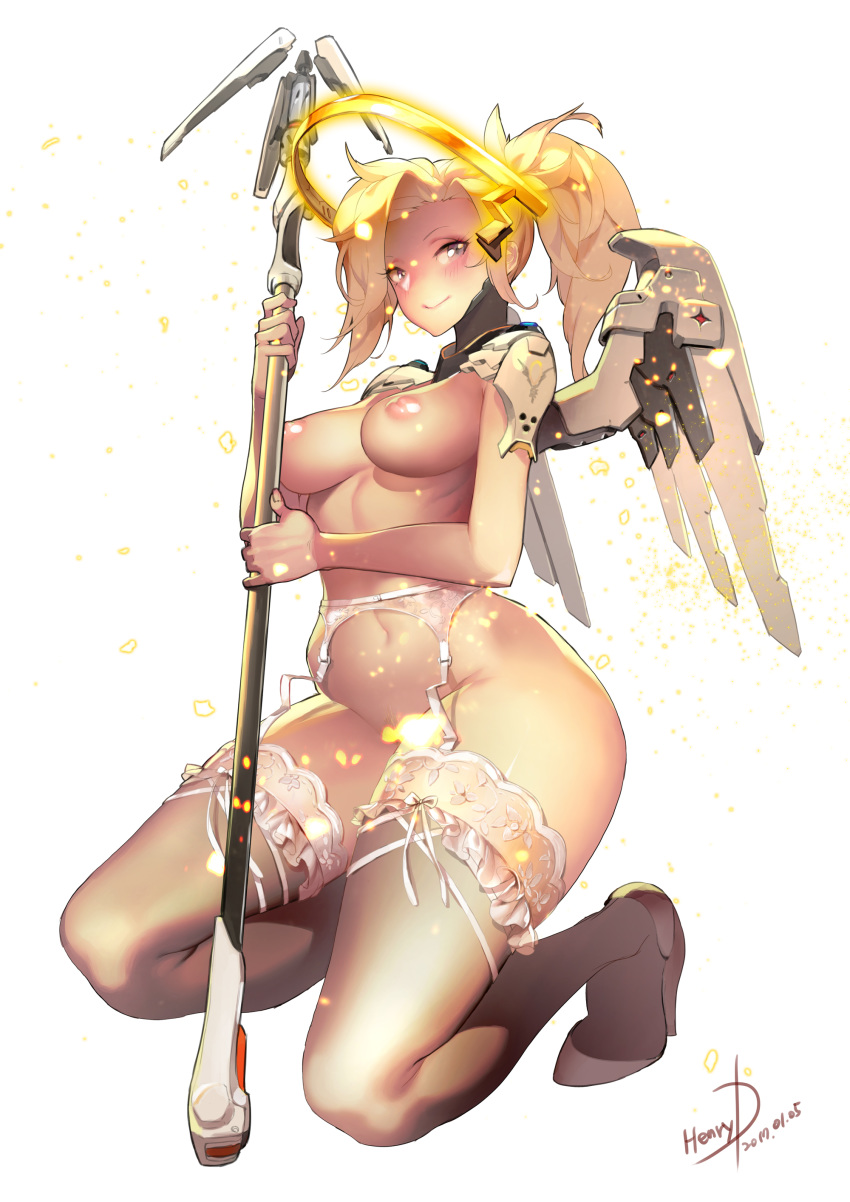 2017 absurdres artist_name blonde_hair blue_eyes blush bra closed_mouth dated eyelashes female fingernails frilled_legwear frills full_body garter_belt garter_straps headgear henry_davis high_heels highres holding holding_staff holding_weapon kneeling lace lace-trimmed_bra lace-trimmed_thighhighs light_particles loincloth long_hair mechanical_halo mechanical_wings mercy navel overwatch pauldrons pelvic_curtain ponytail signature simple_background smile solo staff thighhighs tied_hair underwear weapon white_background white_legwear wing_print wings