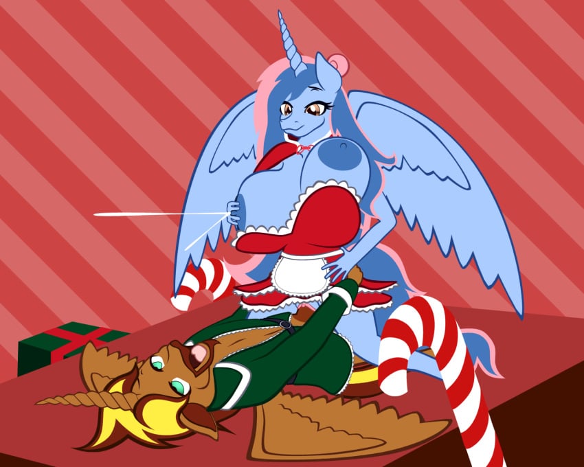 2016 ahe_gao alicorn anthro big_breasts bird_wings bouncing_breasts breasts christmas clitoris costume cowgirl_position elf equine fan_character female fibs holidays horn horse huge_breasts humanoid lactation looking_pleasured male mammal mrs._claus my_little_pony on_top partial_nudity penis pony prince_cosmic_light princess_sorraia pussy sex straight wings