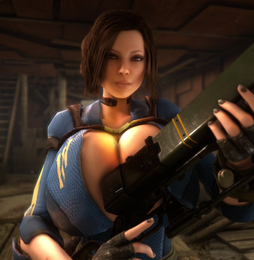 1girls 3d 3d_(artwork) alternate_breast_size bethesda_softworks bodysuit breasts_bigger_than_head breasts_bigger_than_torso brown_eyes brown_hair bulletstorm cleavage clothed clothed_female clothing computer electronics epic_games fallout female female_only female_solo fingerless_gloves gigantic_breasts gloves gun holding_gun holding_object holding_weapon hourglass_figure huge_breasts human human_female human_only open_bodysuit open_clothes people_can_fly pip-boy slim_waist solo solo_female thick_thighs thighs trishka_novak vaako vault_suit weapon wide_hips wristwear