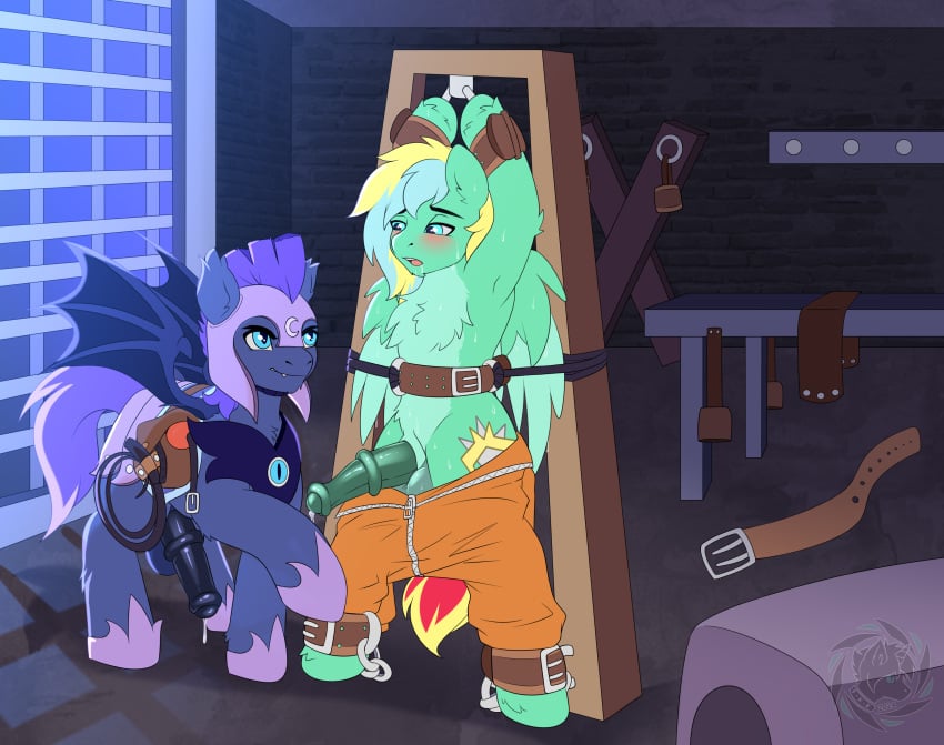 absurd_res bat_pony bondage clothing cutie_mark digital_media_(artwork) duo equid equine fan_character feral fkk friendship_is_magic genitals hasbro hi_res male male/male mammal my_little_pony mythological_creature mythological_equine mythology pegasus penis prison prisoner royal_guard_(mlp) tail wings