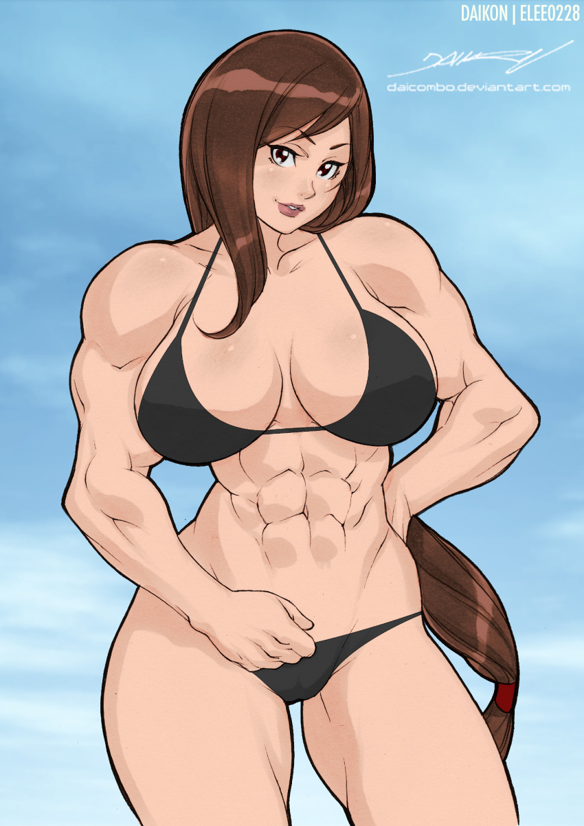 1girls 2017 abs biceps big_breasts bikini breasts brown_eyes brown_hair daikon_(artist) elee0228 eyebrows eyelashes female female_only final_fantasy final_fantasy_vii highres human large_breasts lips lipstick long_hair looking_at_viewer muscles muscular muscular_female red_eyes simple_background solo standing tifa_lockhart very_long_hair