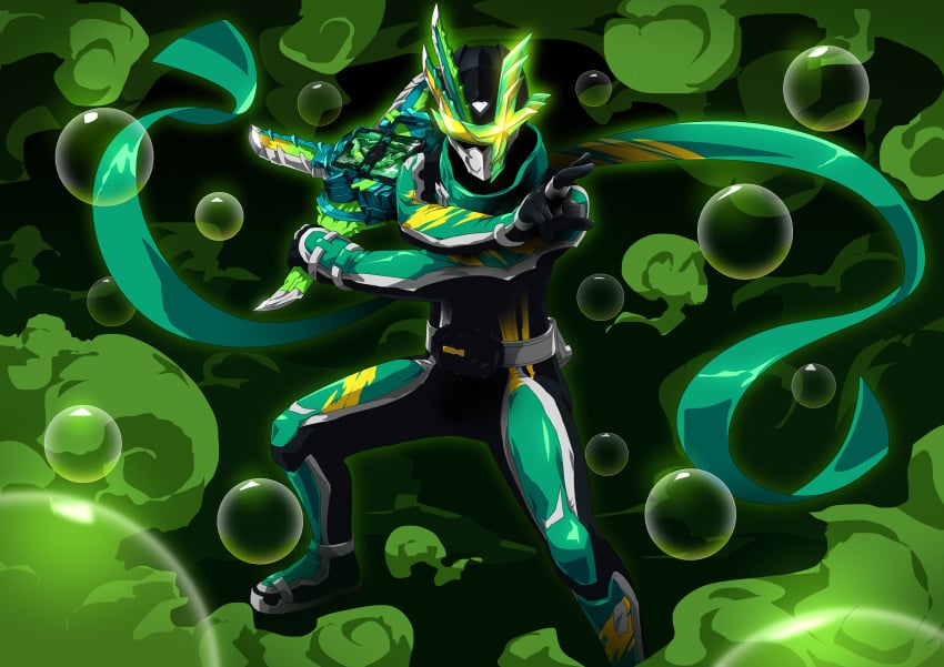 1boy absurdres armor asymmetrical_armor asymmetrical_horns black_gloves clenched_hand crossed_arms gloves helmet highres holding holding_sword holding_weapon horns kamen_rider kamen_rider_kenzan kamen_rider_saber_(series) male_focus ninja open_hand otokamu scarf shuriken simple_background sword weapon wind