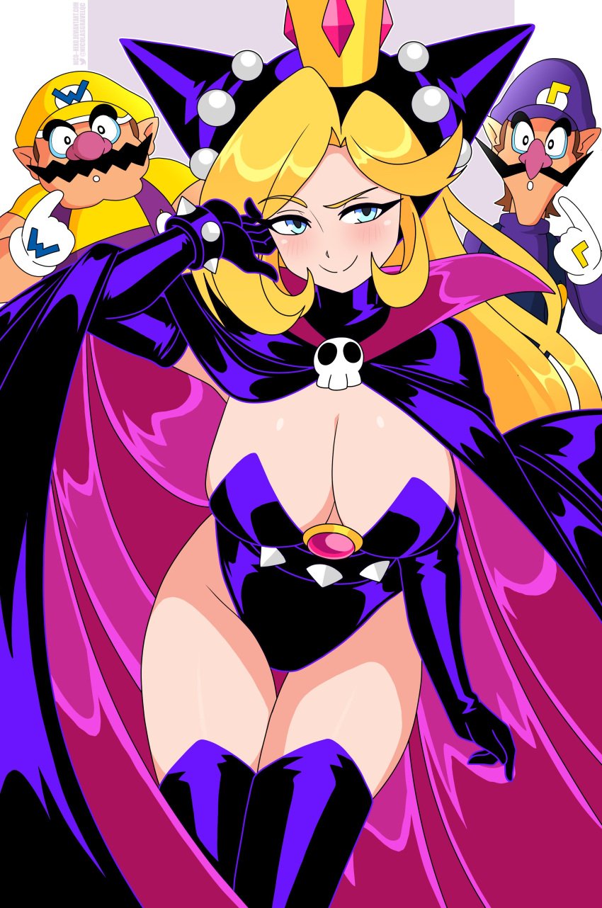 1girls 2boys artist_name big_breasts black_outfit blonde_hair blue_eyes busty cape cleavage collar crown gloves light-skinned_female light_skin mario_(series) mario_tennis moustache nicolasgravelqc nintendo raising_eyebrow skull smile spikes thighhighs thighs waluigi wapeach wario