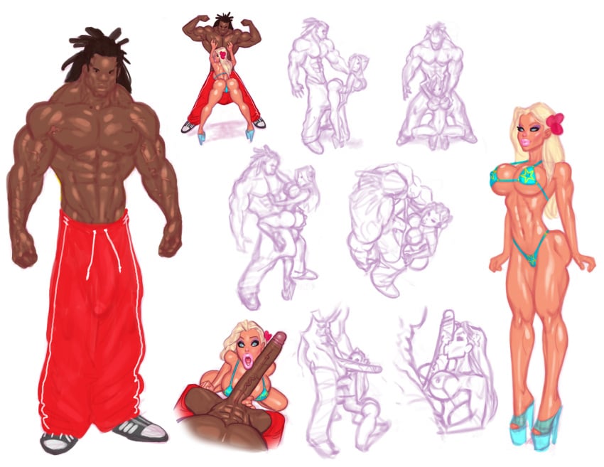 1boy 1girls bikini bimbo blonde_hair cock_shock dark-skinned_male dark_skin female huge_cock interracial male platform_heels sweatpants theofficialpit