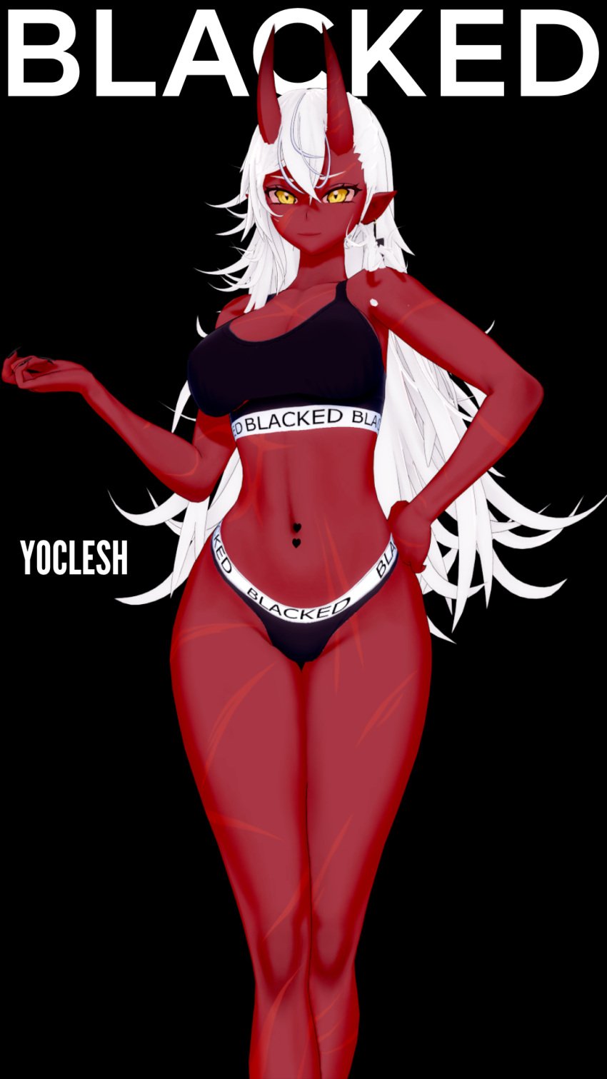 abused_paragon_(artist) akumi blacked blacked_clothing commission female female_only indie_virtual_youtuber koikatsu long_hair magazine_cover midriff oni oni_female oni_horns red_skin scar solo solo_female virtual_youtuber voluptuous voluptuous_female vyugen white_hair yoclesh