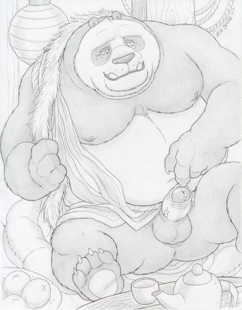 1boy 2017 anthro anus artist_name balls ballsack bear black_fur body_fur bottomless clothed clothing clothing_aside cushion dudebulge erection foreskin foreskin_folds foreskin_pull furry_balls greyscale hybrid_penis intact kung_fu_panda li_shan male male_nipples male_only mammal masculine mature_male monochrome moobs nude_male overweight overweight_male panda partially_retracted_foreskin pencil_(artwork) penis reclining scrotum sheathed_humanoid_penis sitting solo spread_legs spreading teapot testicles traditional_media_(artwork) uncut ursid veiny_penis white_fur