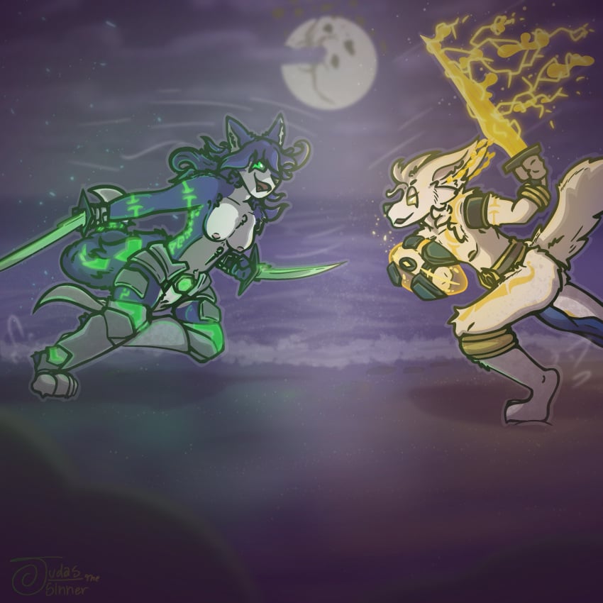 action_scene anthro armor auroran beach bottomwear breasts canid canine clothed clothed/nude clothing cloud duo exposed_breasts female fight fox glowing glowing_eyes glowing_markings green_eyes hi_res judasthesinner kayla_(kitkabbit) kit_(kitkabbit) light loincloth male male/female mammal markings melee_weapon moon moonlight mostly_nude motion_lines multiple_tattoos night nude nude_fight sand shield sword ting topless topless_female topless_male unconvincing_armor weapon yellow_eyes