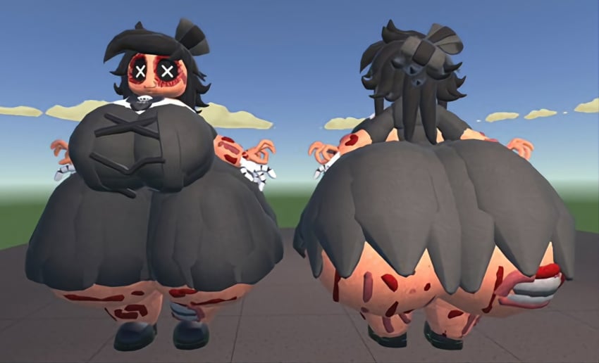 1girls 3d ass ass_bigger_than_head black_dress black_hair black_shoes blood bloody_clothes bow_ribbon breasts bubble_ass bubble_butt casual casual_nudity clothed cyn_(murder_drones) cyntessa_(murder_drones) female female_only glowing_eyes huge_breasts hyper_ass murder_drones necrophilia nightmare_waifu no_underwear robot robot_girl robot_hands sharp_teeth skinsuit smile teasing tessa_elliot thick thick_ass thick_thighs underass weirdmaker43