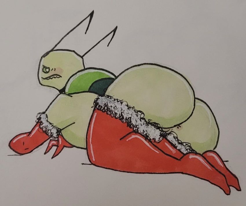 1boy 1femboy 2023 2d 2d_artwork alien alien_boy alien_humanoid alien_only antennae antennae_(anatomy) armwear baddiewalterwhite big_butt christmas color femboy green_eyes invader_zim irken long_stockings looking_back nervous nervous_expression red_armwear red_stockings stockings tallest_spork traditional_art unused_character