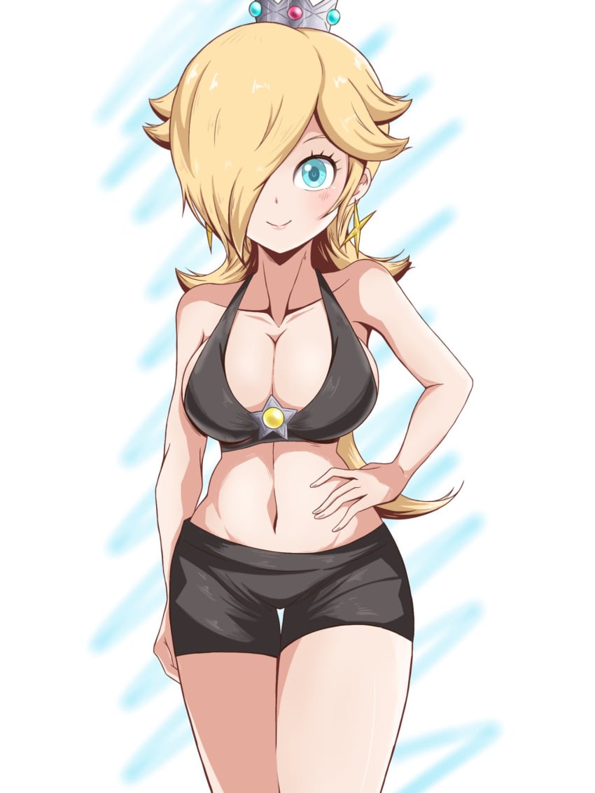 1girls black_short_shorts black_shorts black_sports_bra blonde_hair blue_eyes breasts brooch crown earrings hair_over_one_eye hand_on_hip large_breasts long_hair looking_at_viewer mario_(series) midriff navel nintendo princess_rosalina repost short_shorts shorts sports_bra yass_8mk