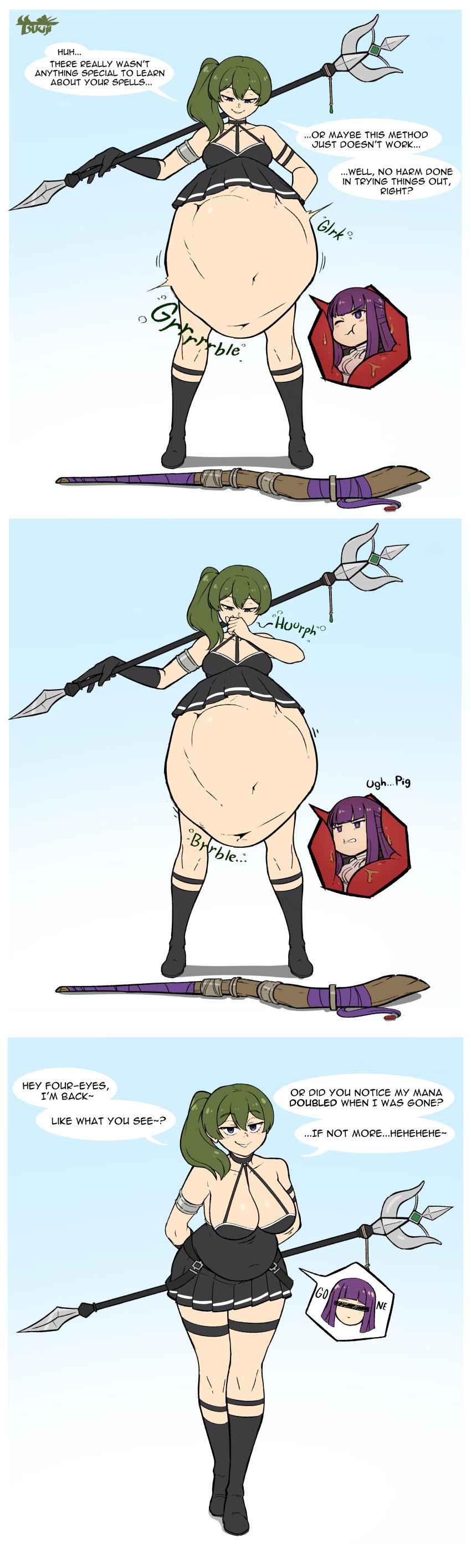 2girls after_vore bbw breast_expansion breasts burping censor_bar chubby cleavage digestion digestion_noises female_only fern_(sousou_no_frieren) fully_clothed green_hair inside_view looking_at_viewer miniskirt multiple_girls ponytail post_vore purple_hair same_size_vore sequence simple_background sousou_no_frieren staff stomach_bulge tagme thick_thighs thigh_expansion tsukiji ubel_(sousou_no_frieren) unseen_character vore vore_belly weight_gain wide_hips