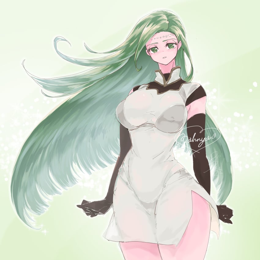 1girls alternate_costume annand_(fire_emblem) bare_thighs breasts covered_nipples dress elbow_gloves female female_only fire_emblem fire_emblem:_genealogy_of_the_holy_war gloves green_background green_eyes green_hair large_breasts long_hair looking_at_viewer nintendo smile solo ta_dasu_(tadasu_hayashi) thick_thighs thighs very_long_hair