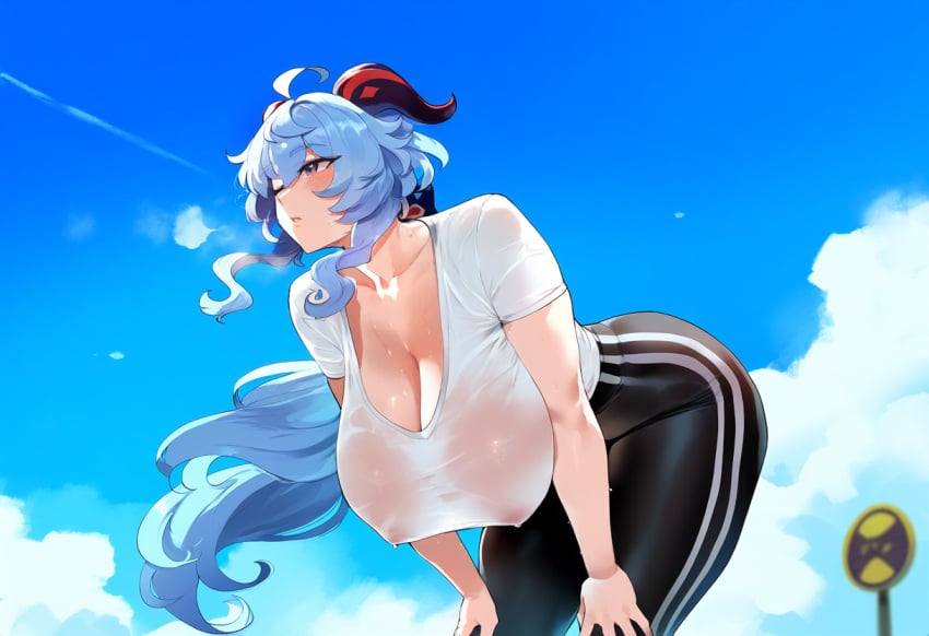 ahoge ai_generated artstyle_imitation bangs bending_forward bending_over blue_sky breasts busty cleavage cloud female ganyu_(genshin_impact) genshin_impact gym_uniform hanging_breasts henrik_n horns huge_ass huge_breasts light-skinned_female light_skin long_hair massive_breasts milkers mommy nipples_visible_through_clothing novelai one_eye_closed outdoors pale-skinned_female panting pawg sidelocks sky solo sweat thiccwithaq_(ai_style) wet_clothes wet_shirt white_shirt wide_hips yoga_pants