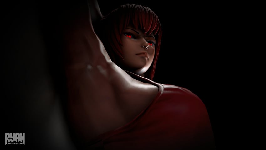 3d armpit armpit_fetish armpits arms_behind_head arms_up athletic_female big_breasts female_only fighting_game glowing_eyes king_of_fighters king_of_fighters_xv leona_heidern looking_at_viewer menacing red_eyes red_hair ryandoesstuff sideboob sports_bra sportswear tank_top