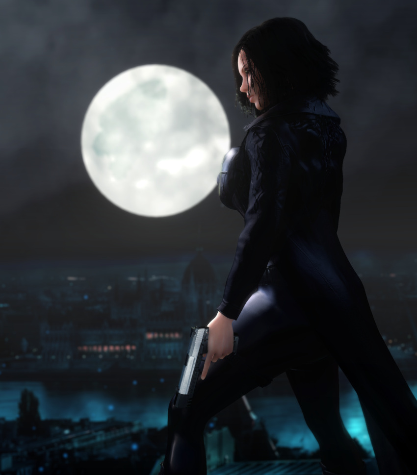 1girls 3d 3d_(artwork) alternate_breast_size big_breasts black_bodysuit bodysuit boots city city_background cityscape clothed clothed_female female female_only female_solo fully_clothed gun holding_gun holding_object holding_weapon jacket kate_beckinsale large_breasts legs looking_down night night_sky pistol selene_(underworld) skin_tight solo solo_female thighs underworld vaako vampire vampire_girl weapon