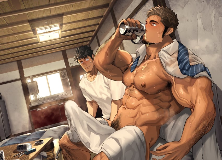 2boys abs bara big_penis can cock_shock daddy dilf drinking erect_penis erection gay huge_cock large_penis male male/male male_only muscular muscular_male nullqllun pecs penis_bulge size_difference sweat sweatdrop sweating sweaty sweaty_body