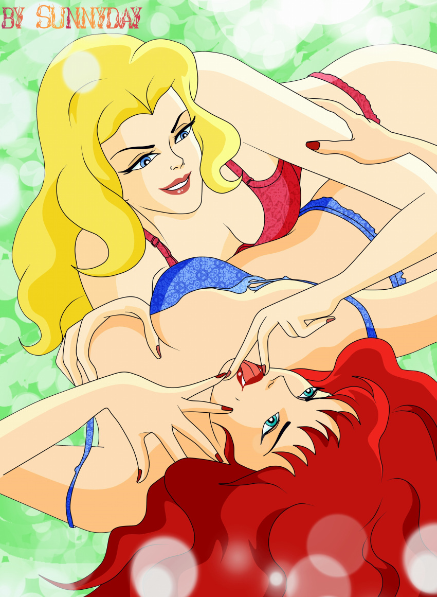 2girls big_breasts black_cat_(marvel) blonde_hair blue_eyes blue_lingerie bra breasts color colored felicia_hardy female female_only fingernails green_eyes grope hand_on_breast imminent_sex imminent_yuri large_breasts licking_fingers lingerie long_hair marvel marvel_comics mary_jane_watson multiple_girls mutual_yuri nail_polish panties red_hair red_lingerie red_lipstick red_nails smile smiling_at_another spider-man:_the_animated_series spider-man_(series) sunnyday2000 tongue yuri