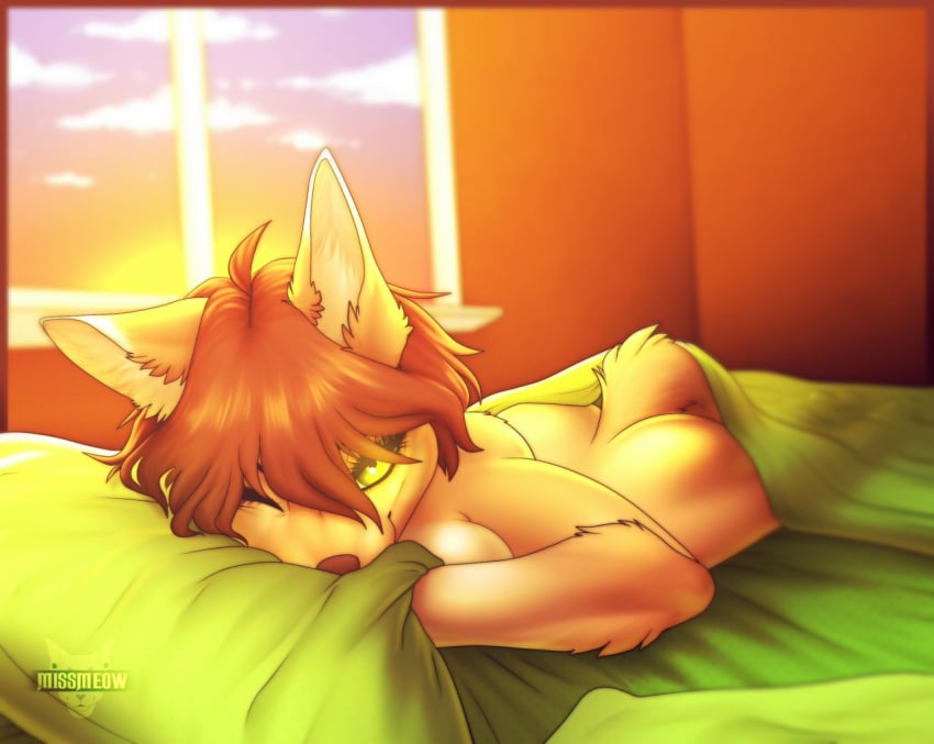 anthro ass bed breasts brown_body brown_fur brown_hair canid canine canis catherinemeow clothing detailed_background female fluffy fluffy_tail fur furniture hair lying mammal multicolored_body multicolored_fur on_bed one_eye_closed pillow smile solo two_tone_body two_tone_fur underwear wolf yellow_eyes