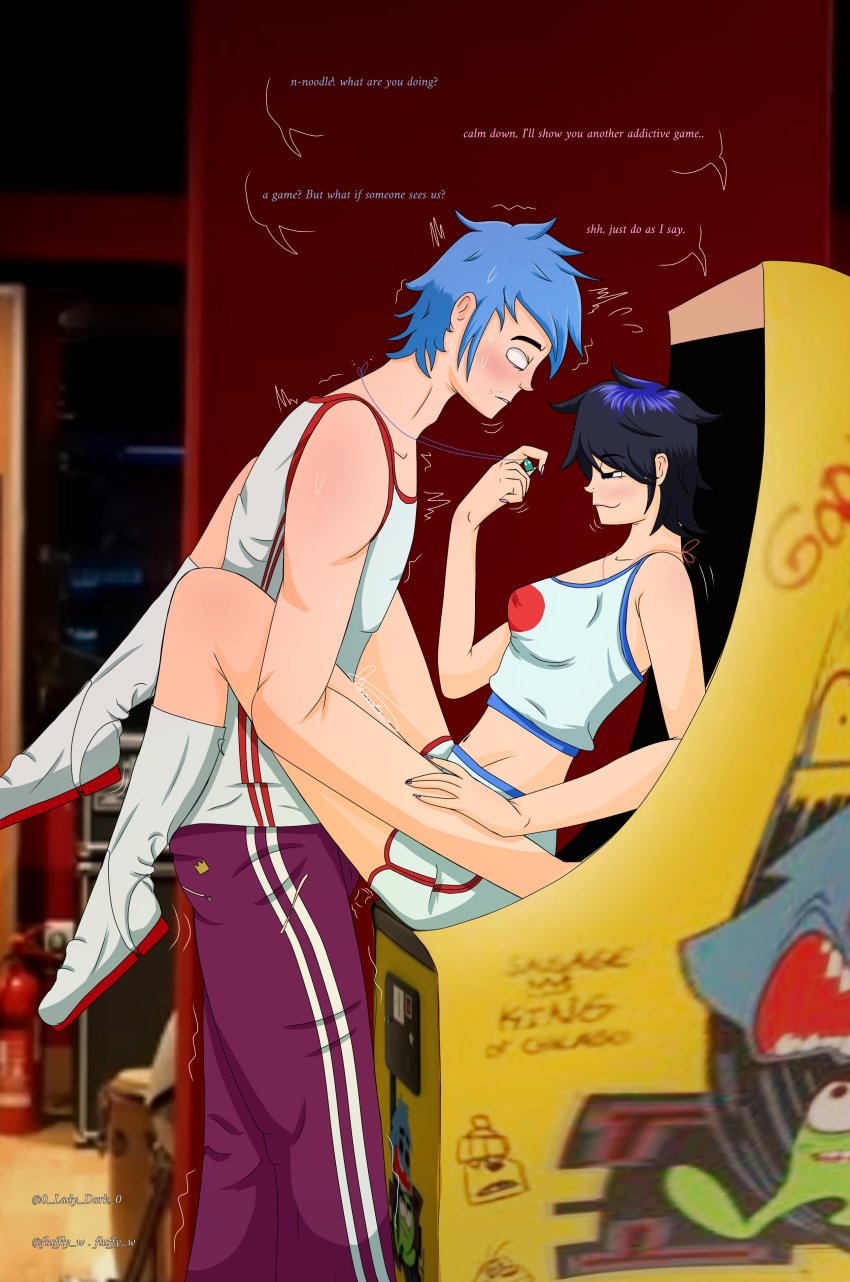 2d_(gorillaz) 2d_(pac-man) 2nu arcade_machine blue_hair clothing electronics female fluffy_w game gorillaz human male noodle_(gorillaz) noodle_(pac-man) pale_skin purple_hair sportswear white_eyes