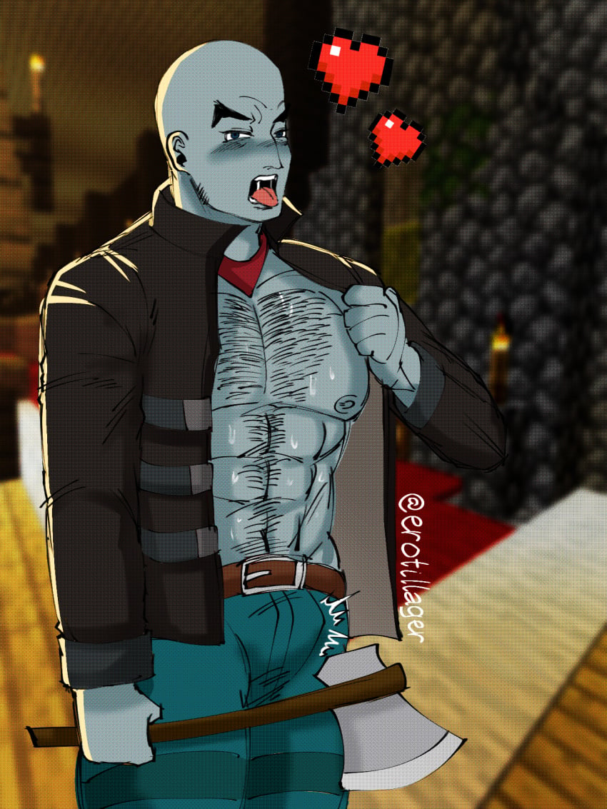 1boy abs artist_name axe background bald bara barazoku blue_eyes blue_skin blush body_hair bulge bulge_through_clothing clothed erotillager grey_skin hairy_chest hairy_male heart humanoid illager_(minecraft) imminent_sex male male_nipples male_only manly minecraft monster muscles muscular_male nipples no_visible_genitalia pecs saliva solo sweat sweating sweaty_body tongue tongue_out vindicator_(minecraft)