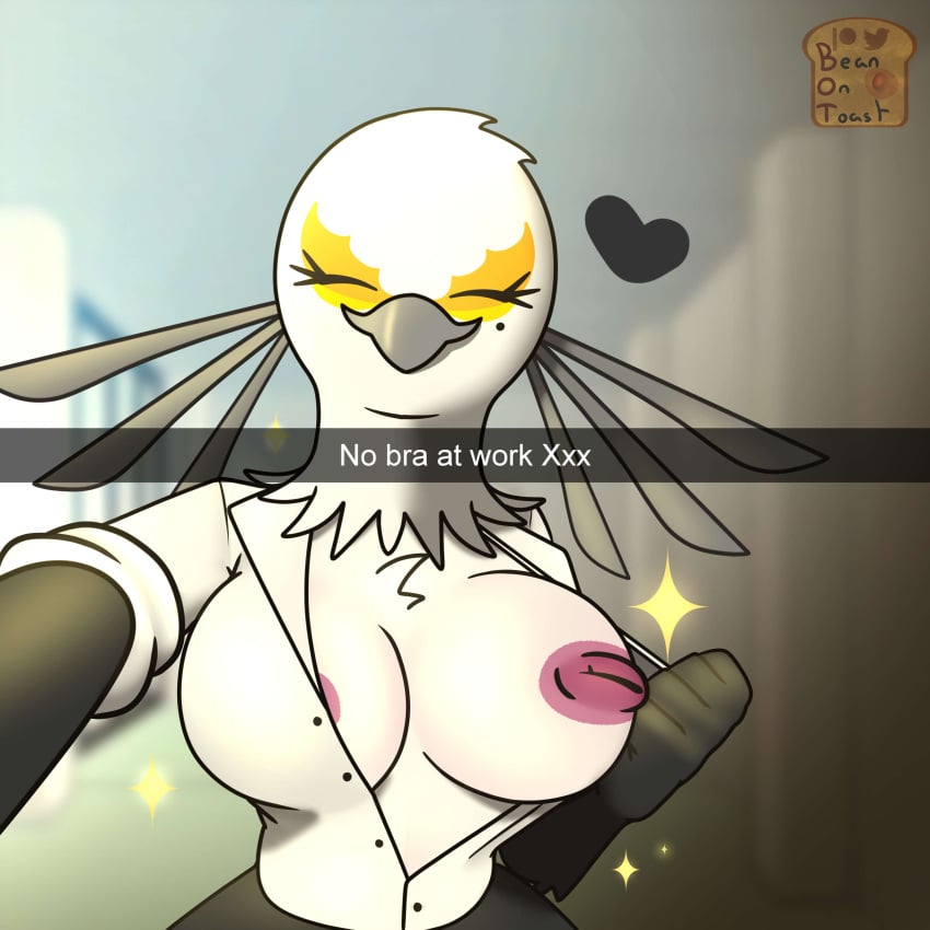 2024 2d 2d_(artwork) 2d_artwork aggressive_retsuko aggretsuko anthro areola areolae areolae_visible_through_clothing avian beanontoast big_breasts bird bird_girl breasts breasts_out digital_art digital_drawing_(artwork) digital_media_(artwork) eyes_closed female furry furry_female nipple office_clothing public public_exposure sanrio secretary_bird secretary_washimi snapchat solo washimi white_feathers