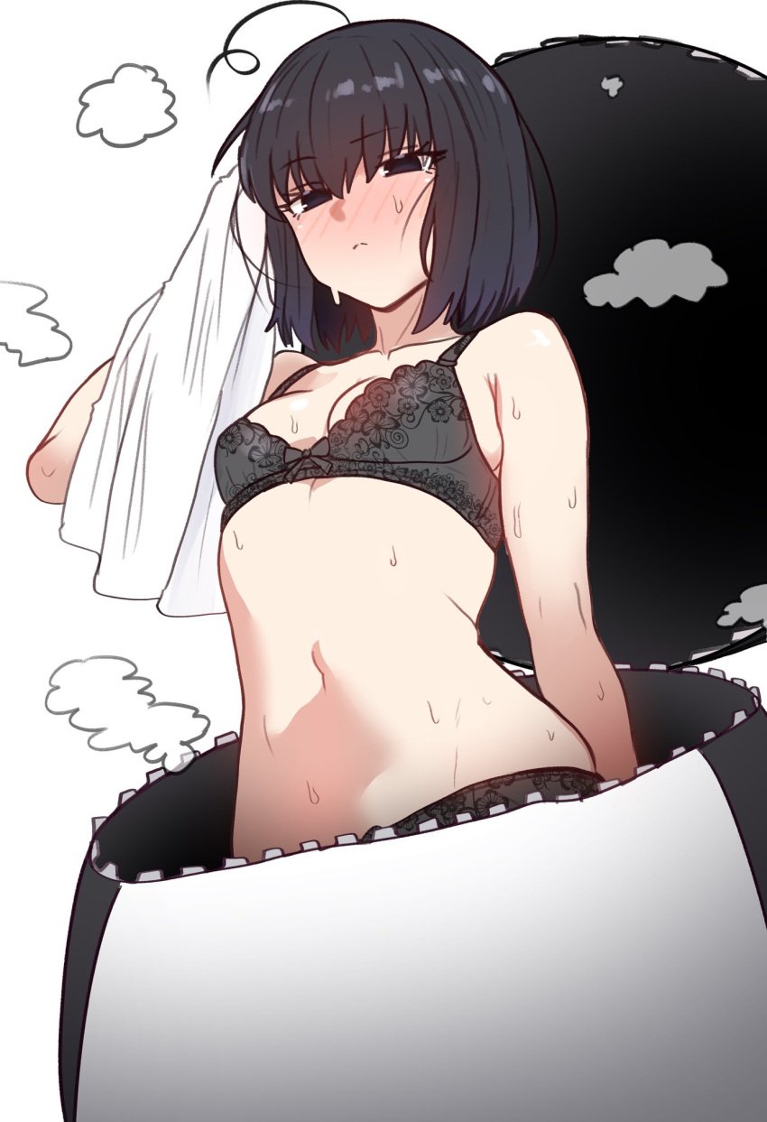 1girls black_hair bra breasts ebora female kuonji_alice light-skinned_female light_skin mahou_tsukai_no_yoru medium_breasts panties petite short_hair simple_background sweat sweaty_body underwear youngmanisdown