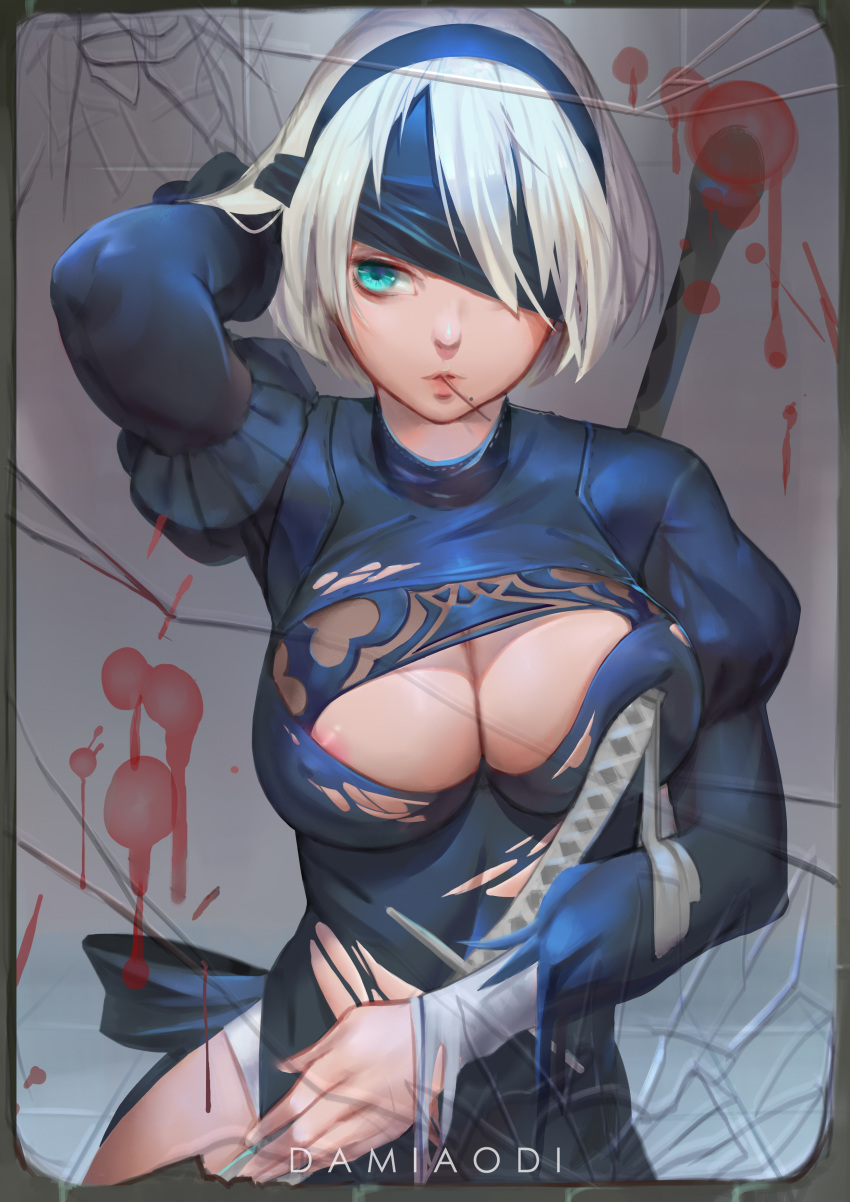 absurdres areolae arm_up artist_name blindfold blue_dress breasts cleavage cleavage_cutout damiaodi dress female gloves green_eyes hairband highres holding holding_sword holding_weapon juliet_sleeves large_breasts long_sleeves looking_at_viewer mole mole_under_mouth mouth_hold nier nier:_automata nipples no_bra one_eye_covered panties puffy_sleeves short_hair silver_hair simple_background solo standing sword torn_clothes torn_dress underwear weapon white_panties yorha_2b