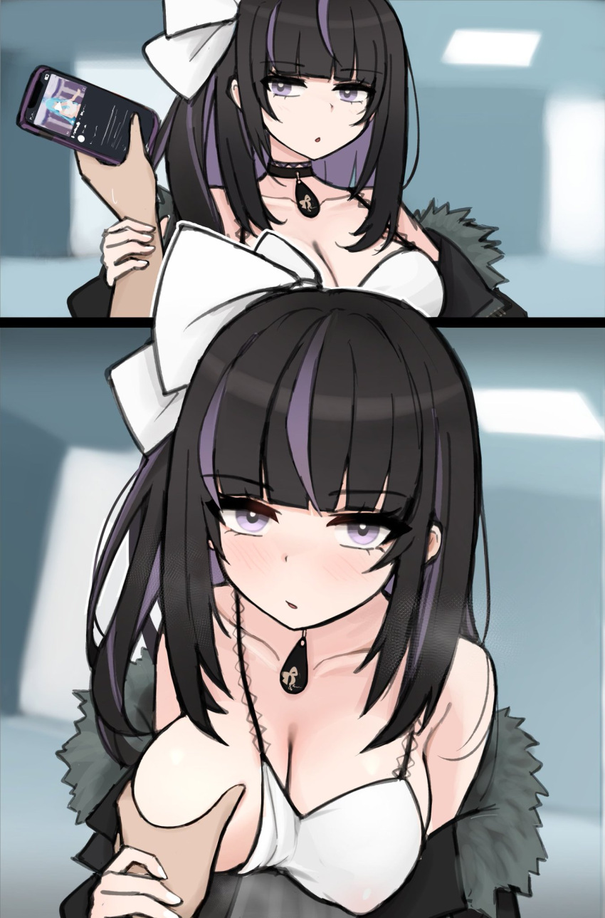 1girls 2koma bare_shoulders big_breasts black_hair blush braless breast_grab breast_hold breast_out breast_outside cleavage coat coat_on_shoulders collar exposed_shoulders forced_breast_grab grabbing_breast hand_on_breast hi_res highres holding_breast indie_virtual_youtuber jealous jealousy k_(m_r_b/nkmmktwt/ꓘ) looking_at_viewer necklace nipples_visible_through_clothing no_bra no_text no_text_version one_breast_out phone ririsya side_ponytail textless textless_version two_tone_hair violet_eyes violet_hair virtual_youtuber