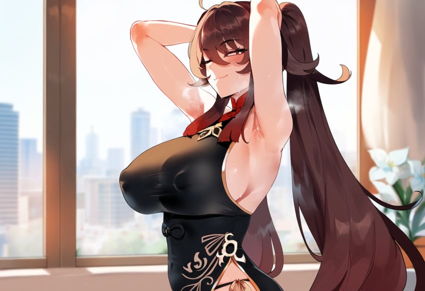 ai_generated armpits artstyle_imitation blush brown_hair genshin_impact henrik_n hu_tao_(genshin_impact) looking_at_viewer naughty_face novelai thiccwithaq_(ai_style)