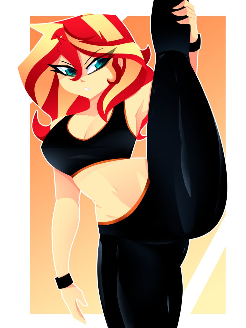 1girls annoyed aqua_eyes armpits breasts deviantart deviantart_link equestria_girls eyebrows eyebrows_visible_through_hair female female_only flexible friendship_is_magic hasbro looking_at_viewer my_little_pony navel solo solo_female sports_bra stretching sunset_shimmer vertical_splits workout xan-gelx(xan) yoga yoga_pants