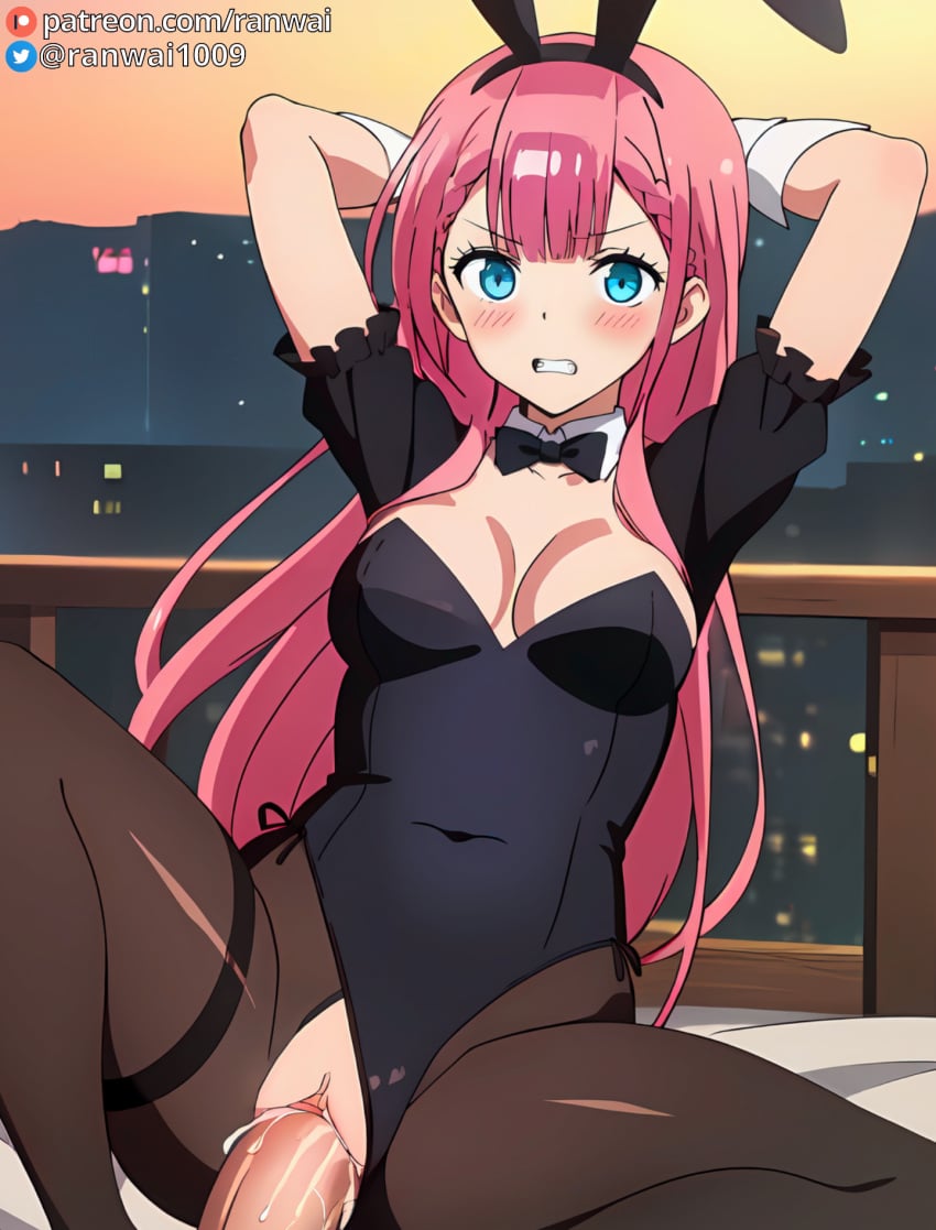 1boy 1girls ai_generated anime blue_eyes bokutachi_wa_benkyou_ga_dekinai bondage bunny_girl bunnysuit cowgirl_position female human kirisu_mafuyu_(bokuben) large_breasts male penis pink_hair ranwai sex stable_diffusion vaginal_penetration vaginal_sex