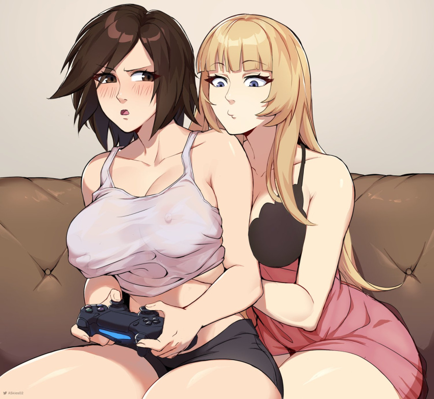 2girls allen_skies bare_shoulders blush breasts brown_eyes brown_hair cleavage controller emilie_de_rochefort female female_focus female_only game_controller gamepad grabbing grabbing_another's_breast grabbing_from_behind groping hand_under_clothes highres holding holding_controller holding_game_controller kazama_asuka large_breasts long_hair molestation multiple_girls namco navel nipple_stimulation nipple_tweak nipples one_breast_out open_mouth playstation_controller short_hair tank_top tekken tomboy yuri